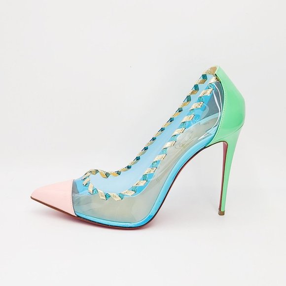 Christian Louboutin Shoes - Christian Louboutin PVC Lisabeth 100 Pumps Light Blue Gold Ribbon Heels Size 39.